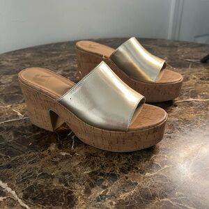 Gold Metallic Platform Cork Slide Mules | Block Heel | Size 9